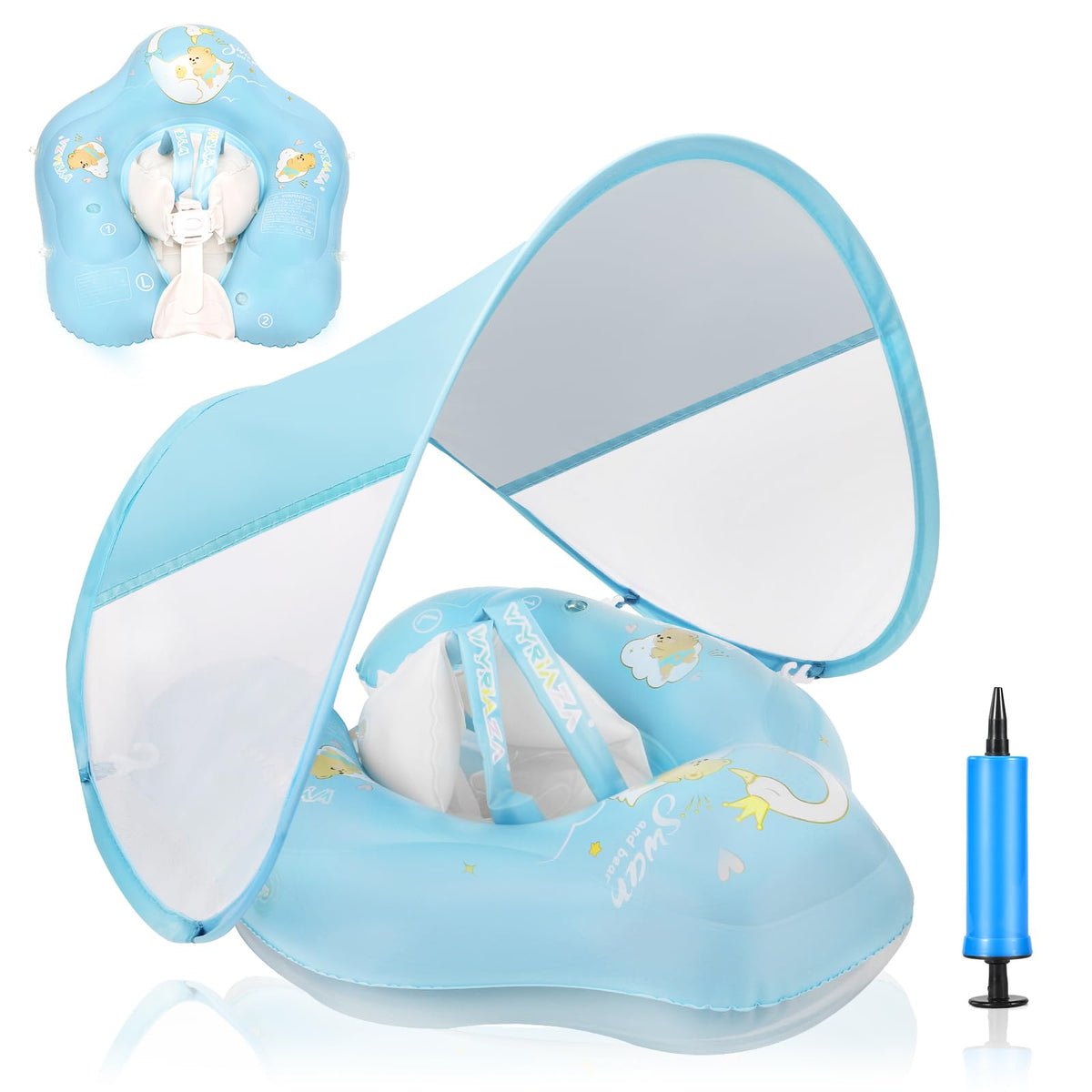 LOOWARTS Baby-Schwimmring mit Baldachin, UPF 50+, 12–36 Monate – aufblasbarer Schwimmtrainer mit Sicherheitssitz