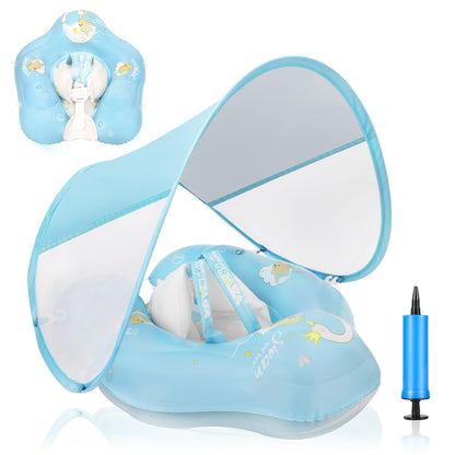 LOOWARTS Baby-Schwimmring mit Baldachin, UPF 50+, 12–36 Monate – aufblasbarer Schwimmtrainer mit Sicherheitssitz