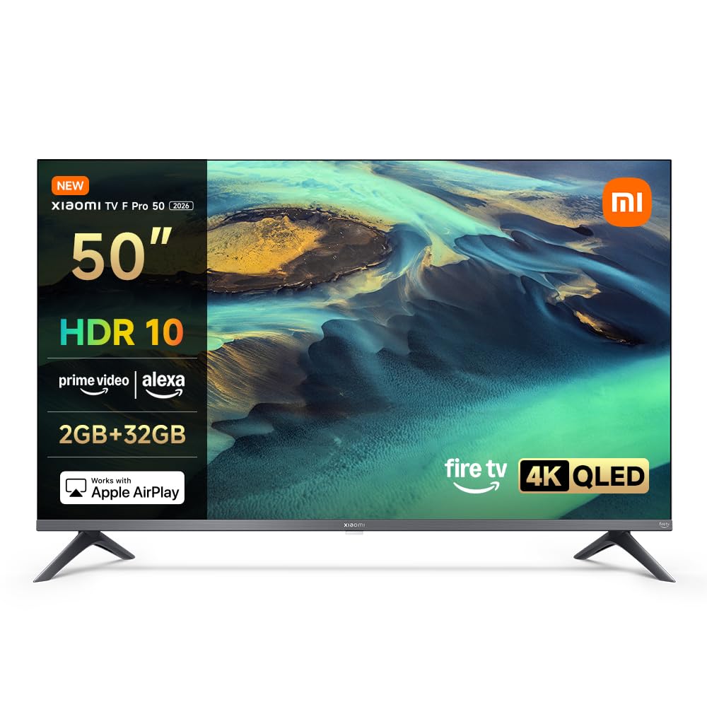 Xiaomi F Pro 4K UHD QLED Smart TV mit Fire TV - 50 Zoll. Rechteckiger, schwarzer QLED-Bildschirm. Zeigt Inhalte in 4K UHD via Fire TV.