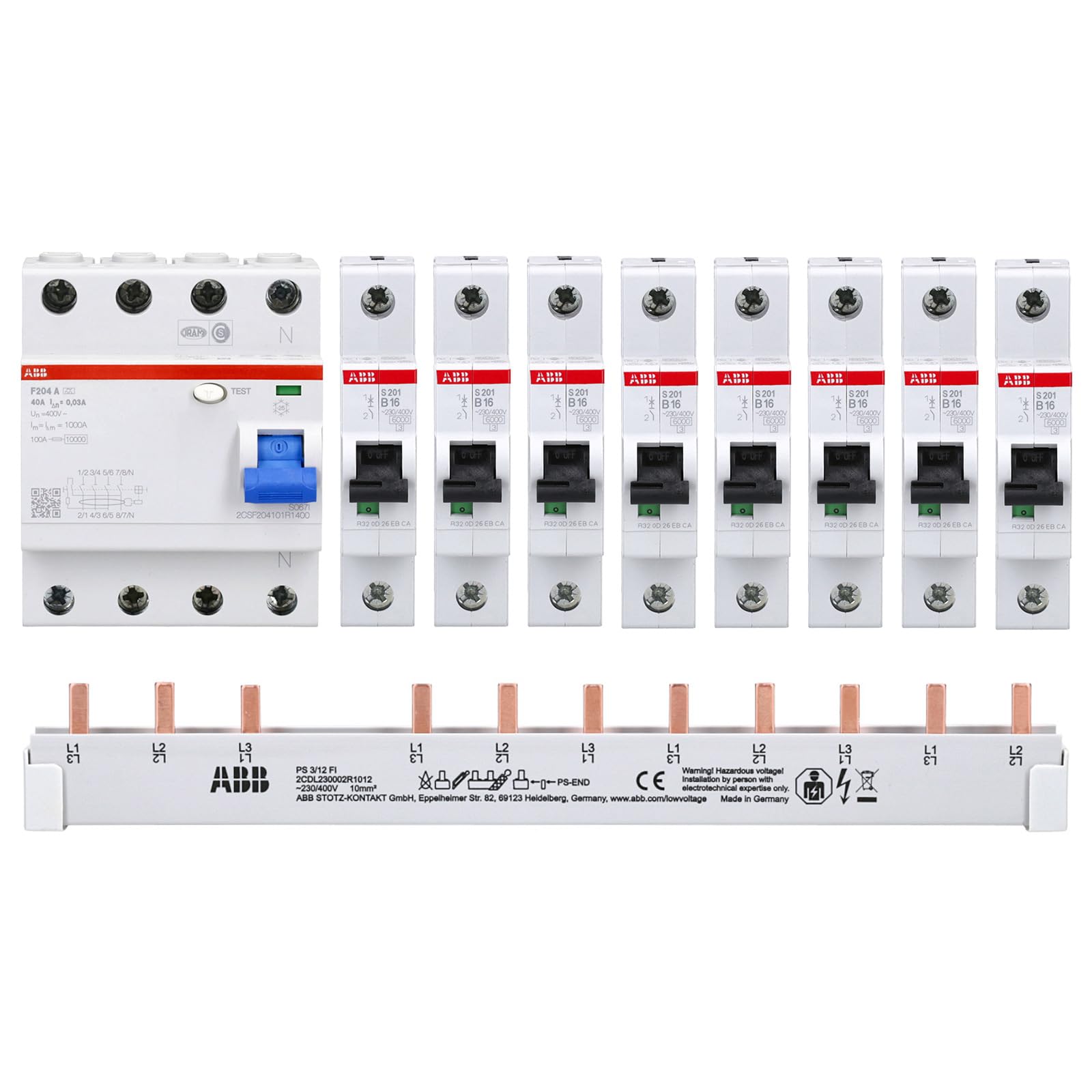 ABB FI/LS Set – F204A-40/30mA, 8x S201-B16, Sammelschiene. Weiße/graue Modulgeräte für Schutz in Elektroinstallationen.