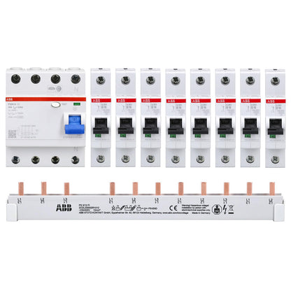 ABB FI/LS Set – F204A-40/30mA, 8x S201-B16, Sammelschiene. Weiße/graue Modulgeräte für Schutz in Elektroinstallationen.