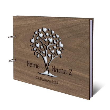 Kartenmachen.de Gästebuch Hochzeit Holz DIN A4 Lasergravur Herzbaum, Nussbaum-Furnier, Ringbindung