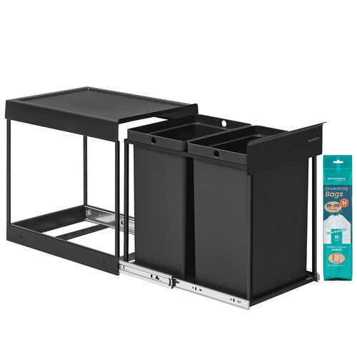 SONGMICS Mülltrennsystem für Unterschrank, 2 x 20 L, ausziehbar, schwarzer Stahlrahmen mit ABS-Deckel