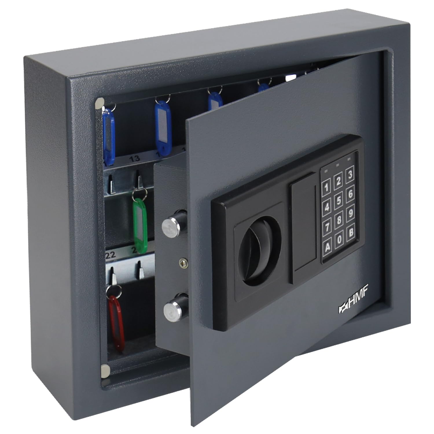 HMF 2030-11 Schlüsseltresor Elektronikschloss - 30 Haken Anthrazit. Anthrazitfarbener Stahlschrank mit Elektronikschloss zur sicheren Verwahrung von 30 Schlüsseln.