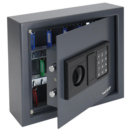 HMF 2030-11 Schlüsseltresor Elektronikschloss - 30 Haken Anthrazit. Anthrazitfarbener Stahlschrank mit Elektronikschloss zur sicheren Verwahrung von 30 Schlüsseln.