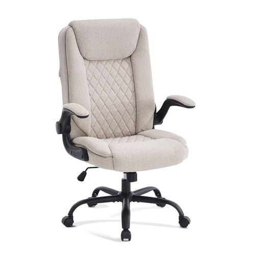 CASTLOVE Ergonomischer Chefsessel - Beige Stoff, klappbar. Beiger Stoff, hohe Lehne, Armlehnen. Ergonomisch für langes Sitzen.
