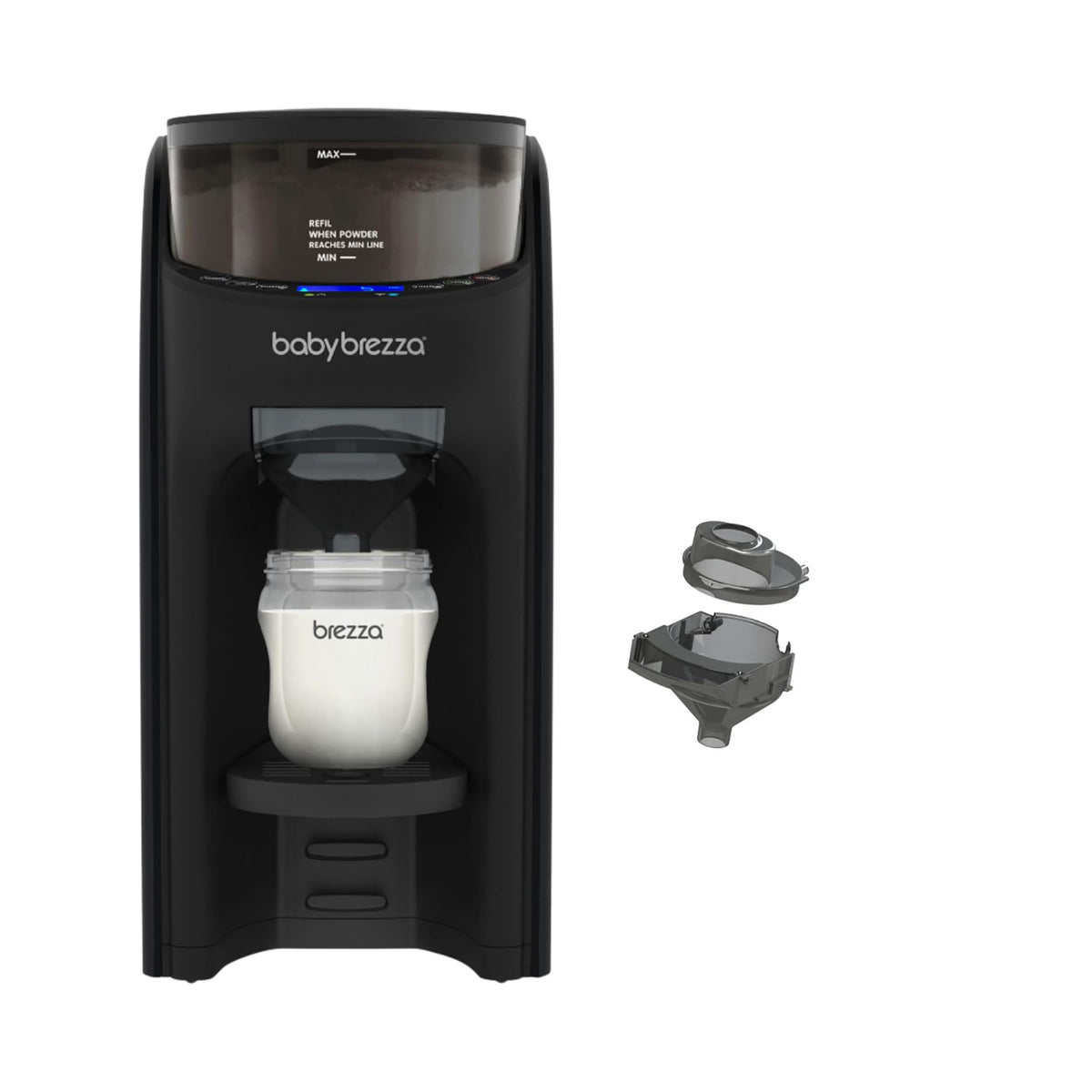 Baby Brezza Formula Pro Advanced Milchzubereiter - Schwarz. Kompaktes, schwarzes Gerät mit Wassertank, Pulverbehälter und Spender. Automatische Zubereitung von Babymilch.