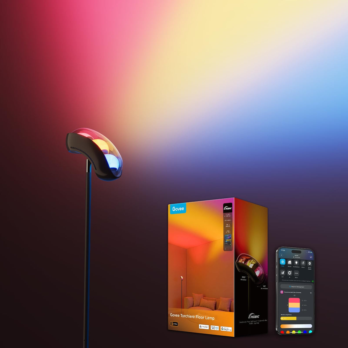 Govee Deckenfluter LED Stehleuchte – RGBWWIC Matter Schwarz 170cm. 170cm hohe, schwarze Stehleuchte für smarte RGBWWIC Raumbeleuchtung.