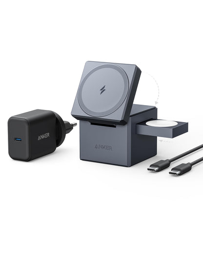 Anker 3-in-1 Cube MagSafe Induktive Ladestation – 30W PD inkl. Würfelförmige Station zum induktiven Laden dreier MagSafe-Geräte via 30W Power Delivery.