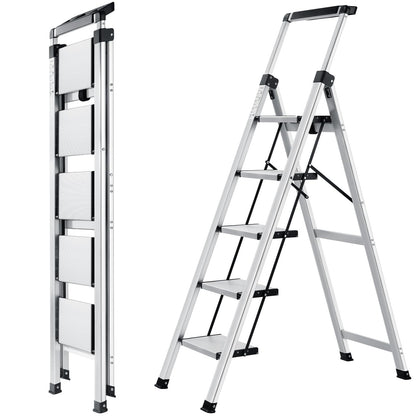 XinSunho Stufenleiter Klappbar Aluminium - 5 Stufen. Graue, klappbare Aluminium-Stufenleiter mit 5 Stufen zum Erreichen hoher Stellen.