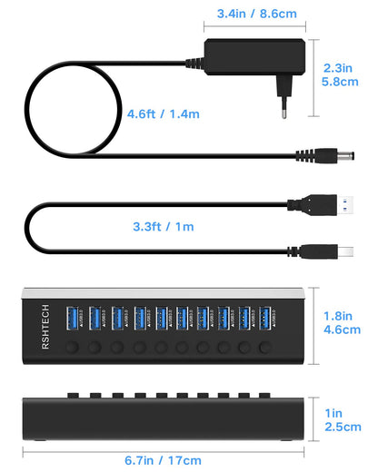 RSHTECH USB 3.0 Hub aktiv 10-Port Aluminium mit 36W Netzteil, RSH-A10