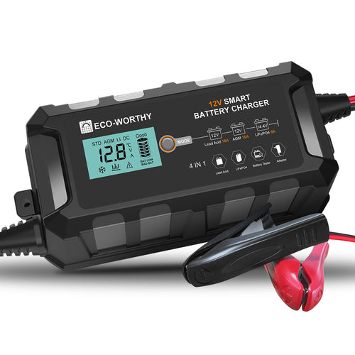 ECO-WORTHY 10A 12V LiFePO4 Autobatterie Erhaltungsladegerät. Schwarzes Kompaktgerät lädt u. erhält 12V LiFePO4-Akkus.