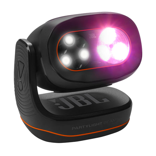 JBL PartyLight Beam Bluetooth RGB LED Lichteffektprojektor. Kompaktes schwarzes Gehäuse. Projiziert dynamische RGB-Lichtstrahlen für Partys.