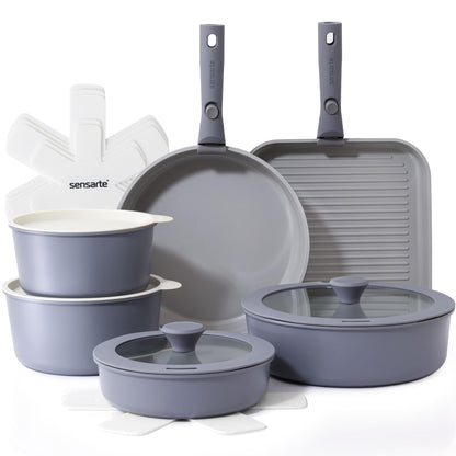 SENSARTE Keramik Kochgeschirr-Set 17-teilig, abnehmbarer Griff, grau – Töpfe und Pfannen mit Deckel