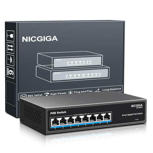 NICGIGA 8-Port Gigabit PoE+ Switch, 120 W, unmanaged, lüfterlos, Metallgehäuse