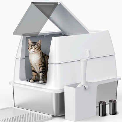 FURTIME XXL Katzenklo Edelstahl – Geschlossen mit Deckel. Silber, rechteckig. Bietet hygienischen Rückzugsort für Katzen.