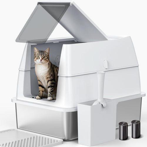 FURTIME XXL Katzenklo Edelstahl – Geschlossen mit Deckel. Silber, rechteckig. Bietet hygienischen Rückzugsort für Katzen.