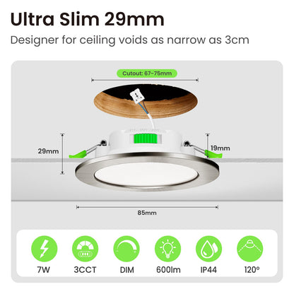 ALUSSO LED Einbaustrahler 230V 7W dimmbar IP65, rund Nickel, 6er Set