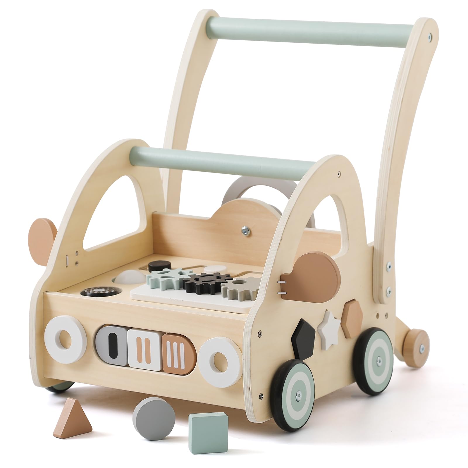 Lauflernwagen Holz Montessori – Multifunktion & Formensortierer. Holz-Gehhilfe mit Formensortierer, fördert Motorik.