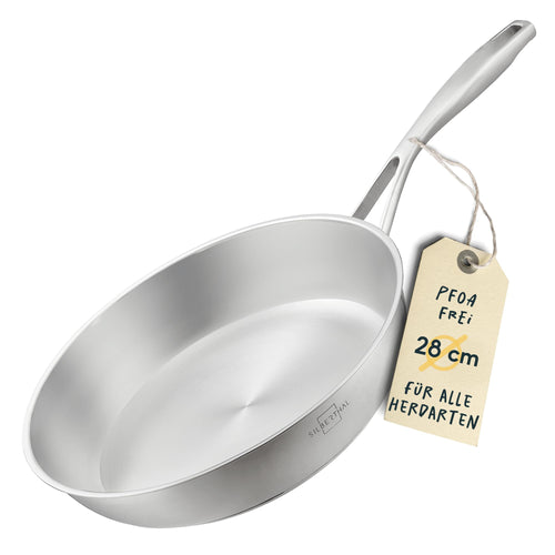 SILBERTHAL Edelstahl Bratpfanne 28cm – Unbeschichtet Induktion. Rund, silberglänzend, Stielgriff. Ideal für Braten und Anbraten.