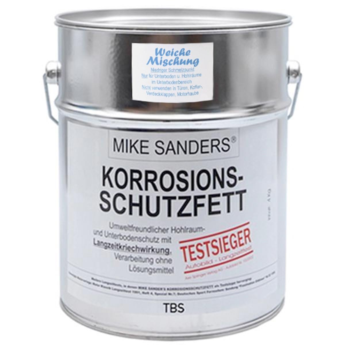Mike Sanders Korrosionsschutzfett weiche Mischung 4 kg. Gelbliches, zähflüssiges Fett zum Hohlraum- und Unterbodenschutz an Kfz-Metallflächen.