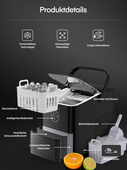FOHERE Eiswürfelmaschine ICM1262A, 14 kg/24 h, Bullet Ice, Schwarz