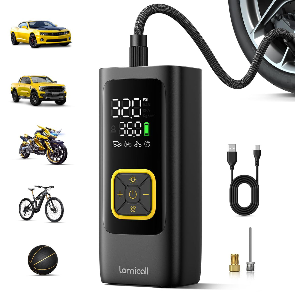 Lamicall Elektrische Luftpumpe Akku, 150 PSI Mini Kompressor mit LED-Display und LED-Leuchte