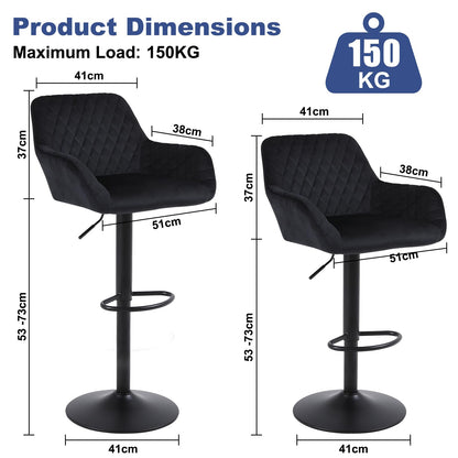 ralex-chair Samt Barhocker - höhenverstellbar drehbar schwarz 2er Set