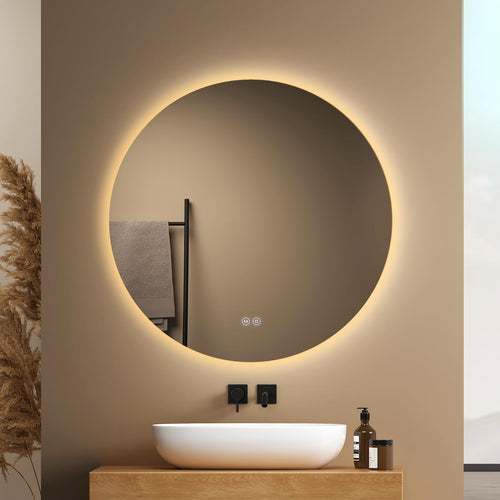 EMKE Runder Badspiegel 80cm. Rund, mit dimmbarer LED-Beleuchtung (3 Lichtfarben) für Badezimmer, Touch-Steuerung.