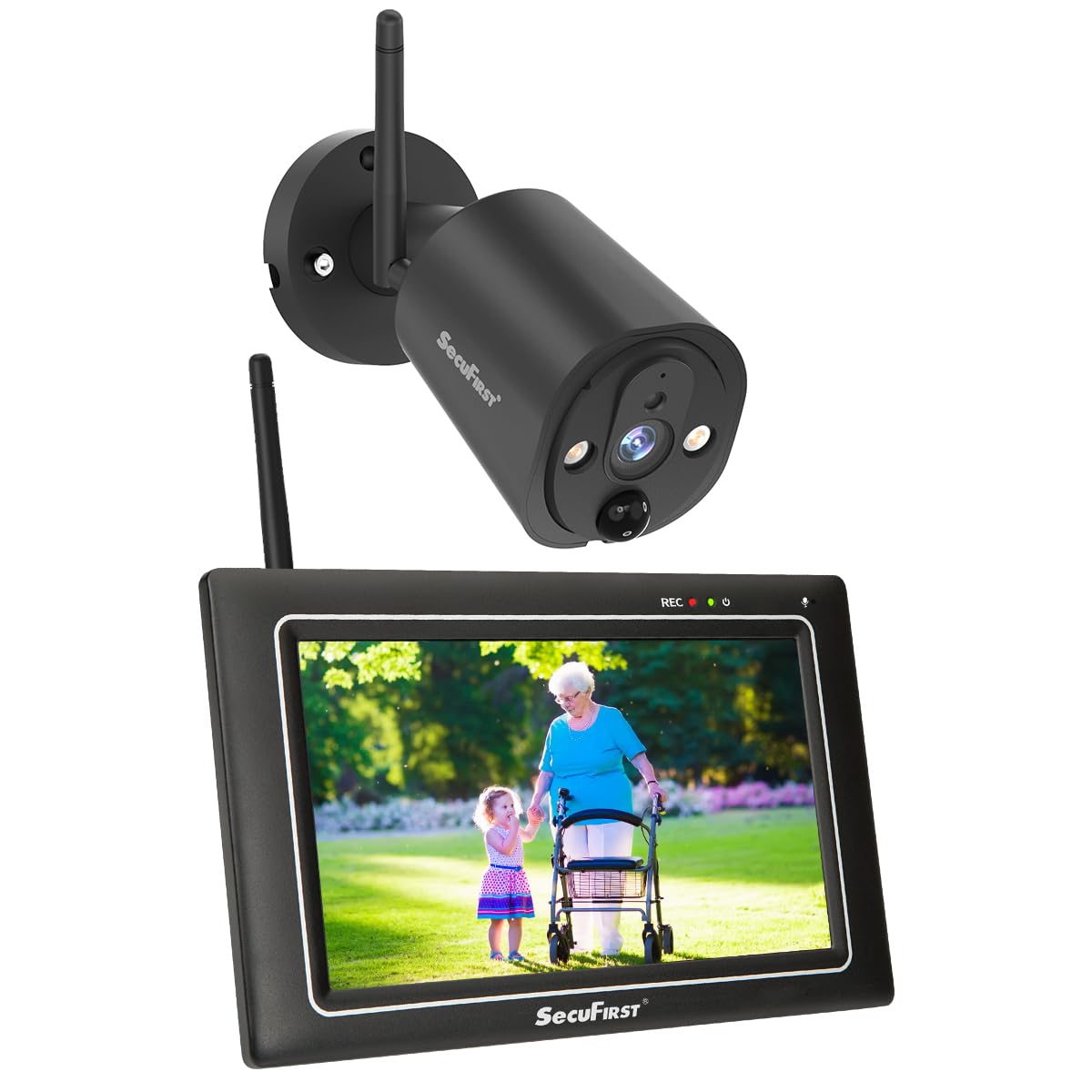 SecuFirst 2K Überwachungskamera Aussen Set – 7 Zoll Monitor, Ohne WLAN: Set mit Kamera und 7-Zoll-Monitor zur 2K-Überwachung von Aussenbereichen.