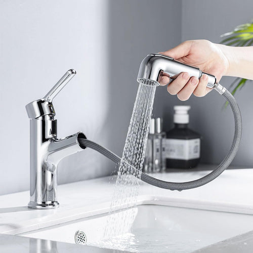 ONECE Waschtischarmatur Ausziehbar mit Brause - Chrom: Verchromte Armatur mit ausziehbarem Brausekopf. Reguliert Wasser am Waschtisch.