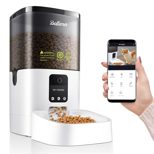 Balimo Futterautomat Katze – WLAN, HD Video & App Steuerung 4L. Weißer Automat mit HD-Kamera zur App-Fütterung.