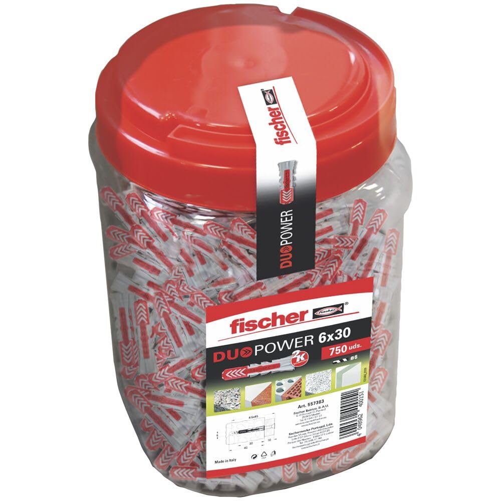 fischer DUOPOWER Dübel 6 x 30 mm grau/rot, 750 Stück (557383) aus 2K-Nylon zur Befestigung