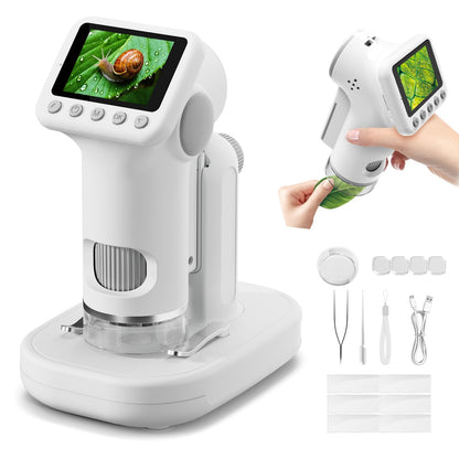 HEWEIMEI Kindermikroskop 1600x mit 2 Zoll IPS Display und HD Kamera, weiss, 3-in-1 Design