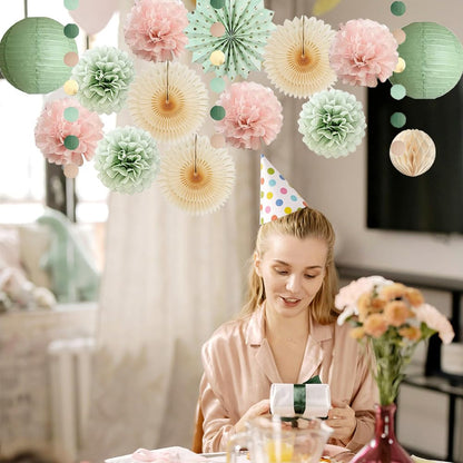 FETETIJD Party Deko Set Salbeigrün Rosa, Pompoms & Papierfächer