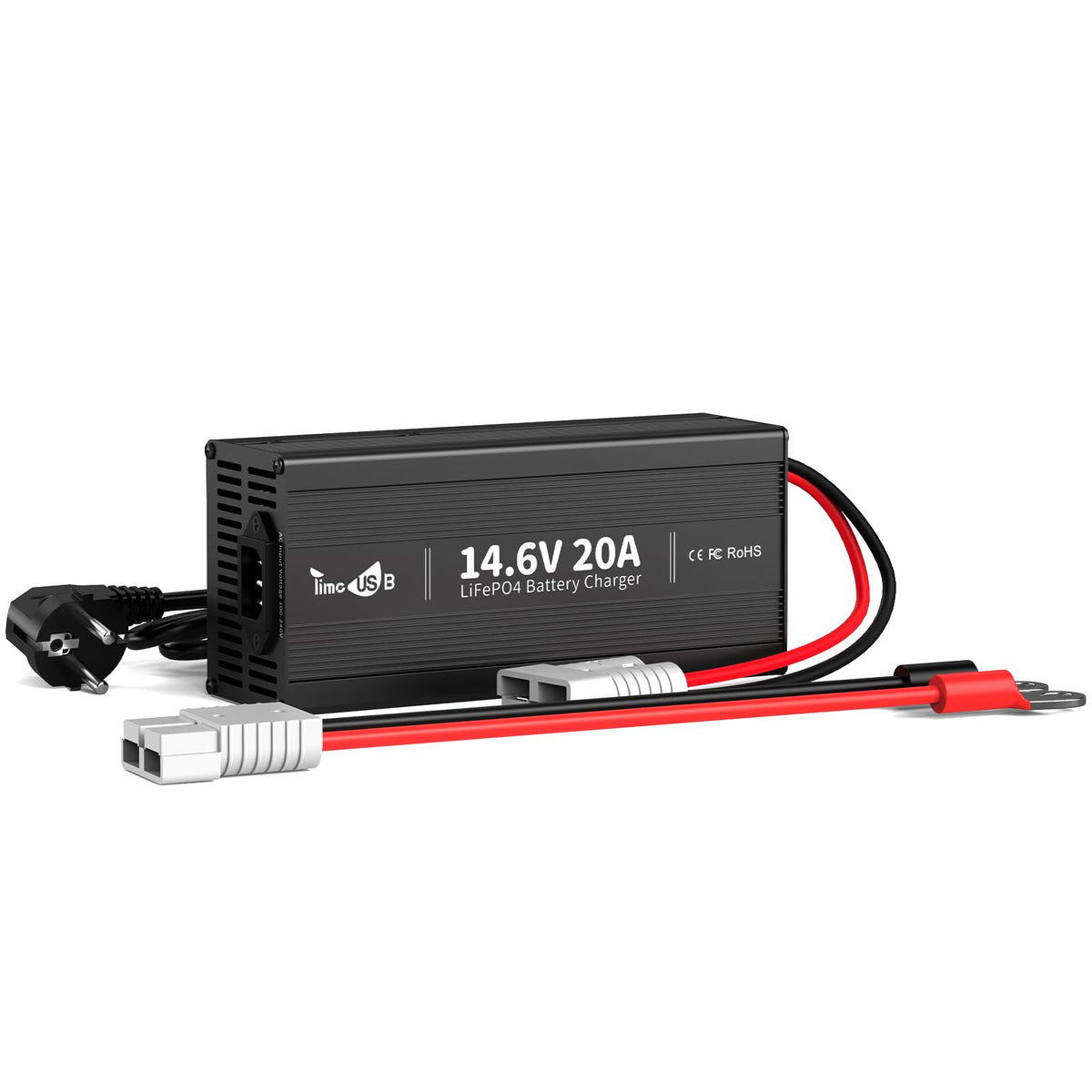 Timeusb LiFePO4 Ladegerät – 14.6V 20A für 12V LiFePO4 Akkus. Schwarzes, rechteckiges Ladegerät; lädt 12V LiFePO4 Akkus.