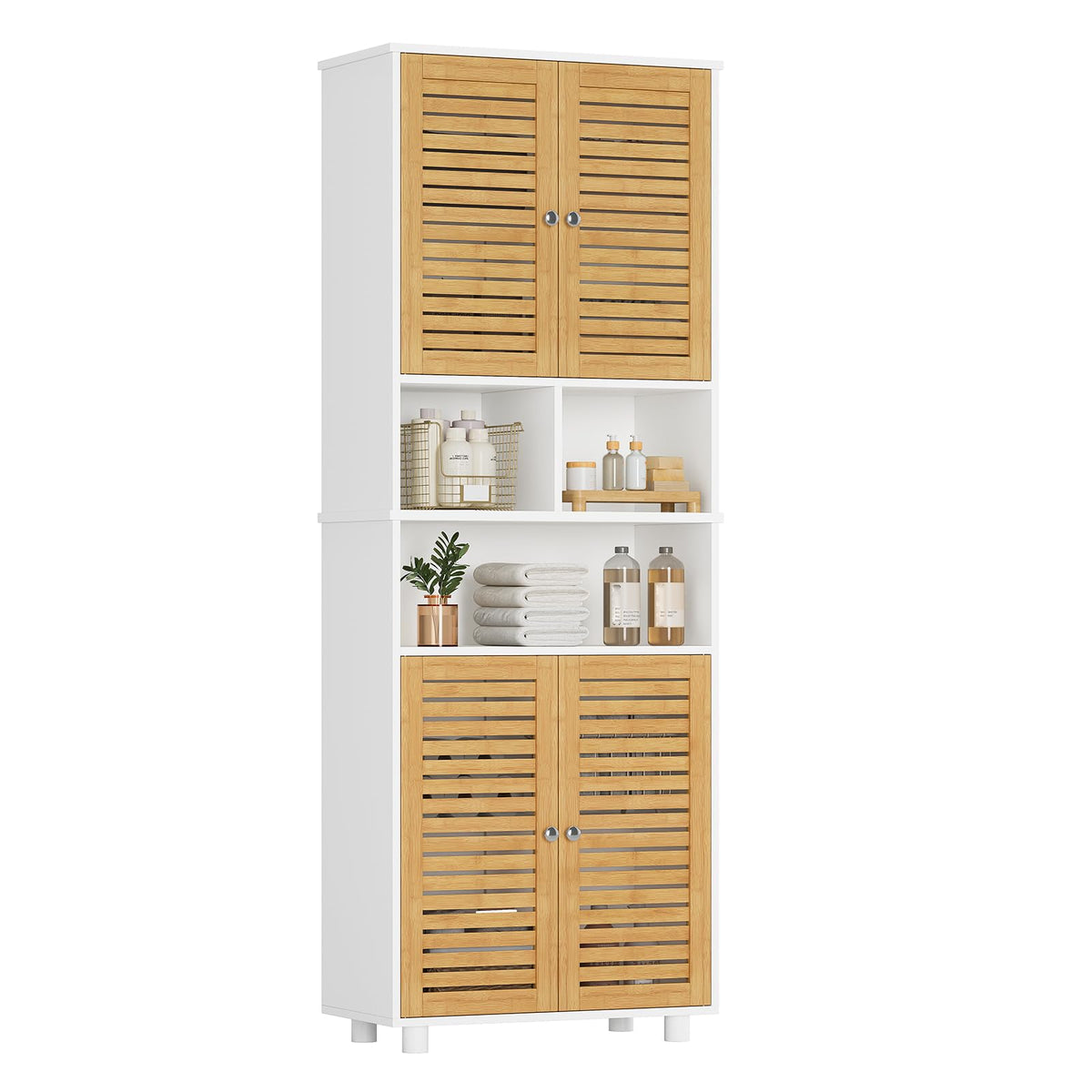 FORABAMB Badezimmerschrank hoch mit 4 Bambustüren, 60 x 30 x 170 cm – Hochschrank aus MDF mit Lamellentüren