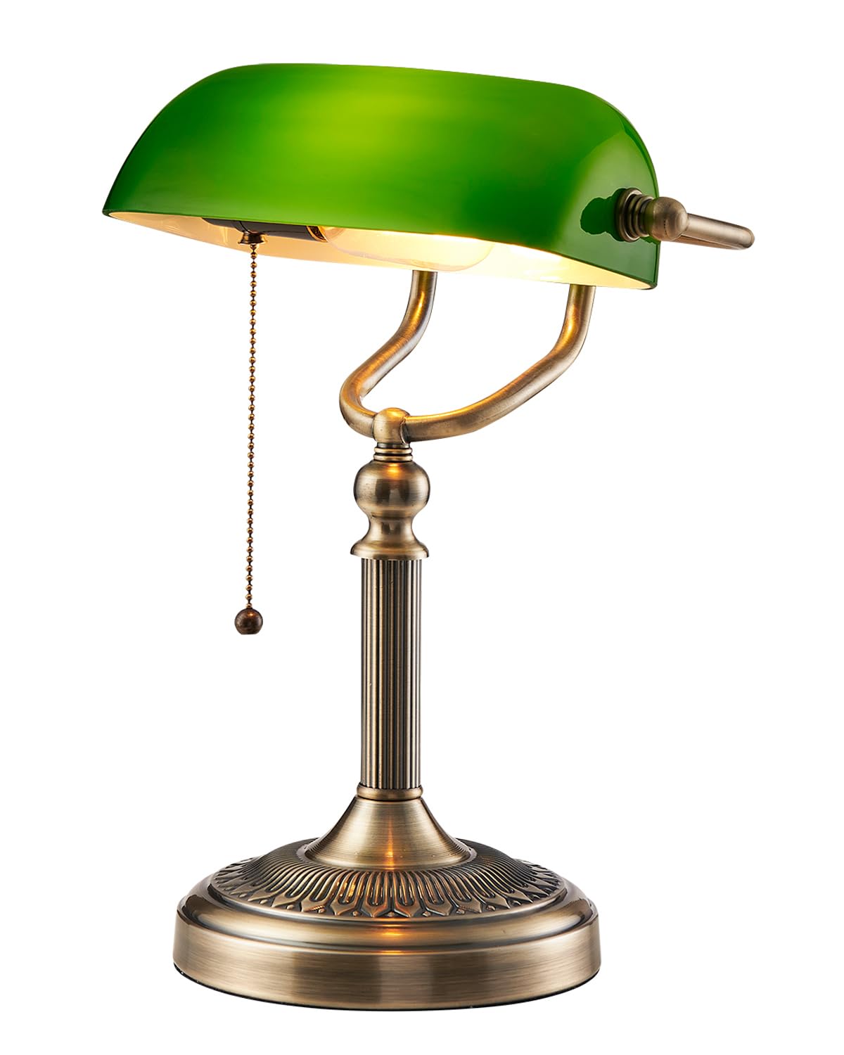 Newrays Bankers Schreibtischlampe – grünes Glas, Zugkette. Klassisch geformt, ideal für gerichtete Beleuchtung am Arbeitsplatz.
