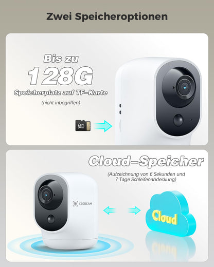 COCOCAM 2K Überwachungskamera innen, WLAN, Akku, 355° schwenkbar