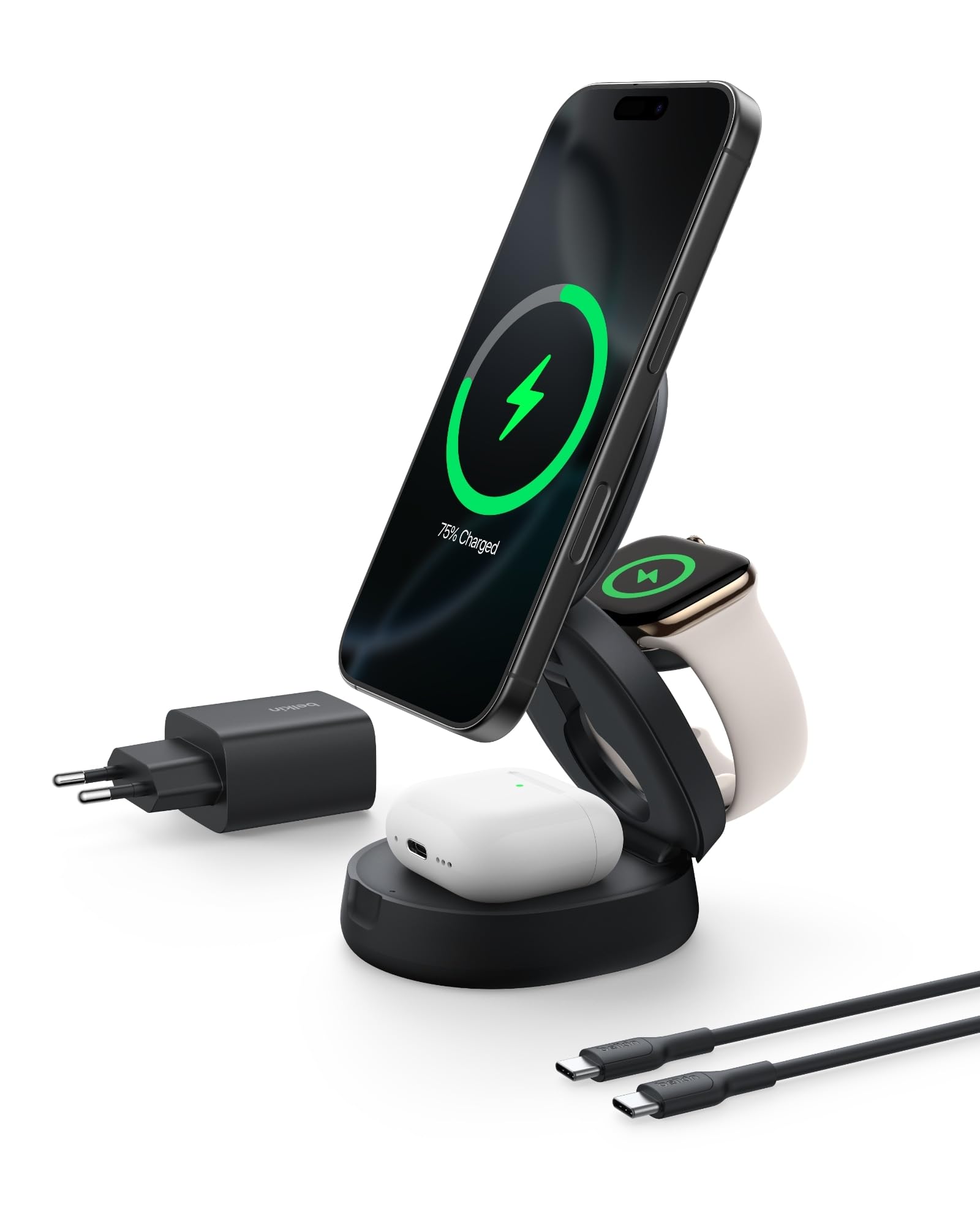 Belkin BoostCharge 3-in-1 Ladestation Qi2 15W MagSafe – Schwarz. Kompakte Station, lädt iPhone, Watch, AirPods kabellos.
