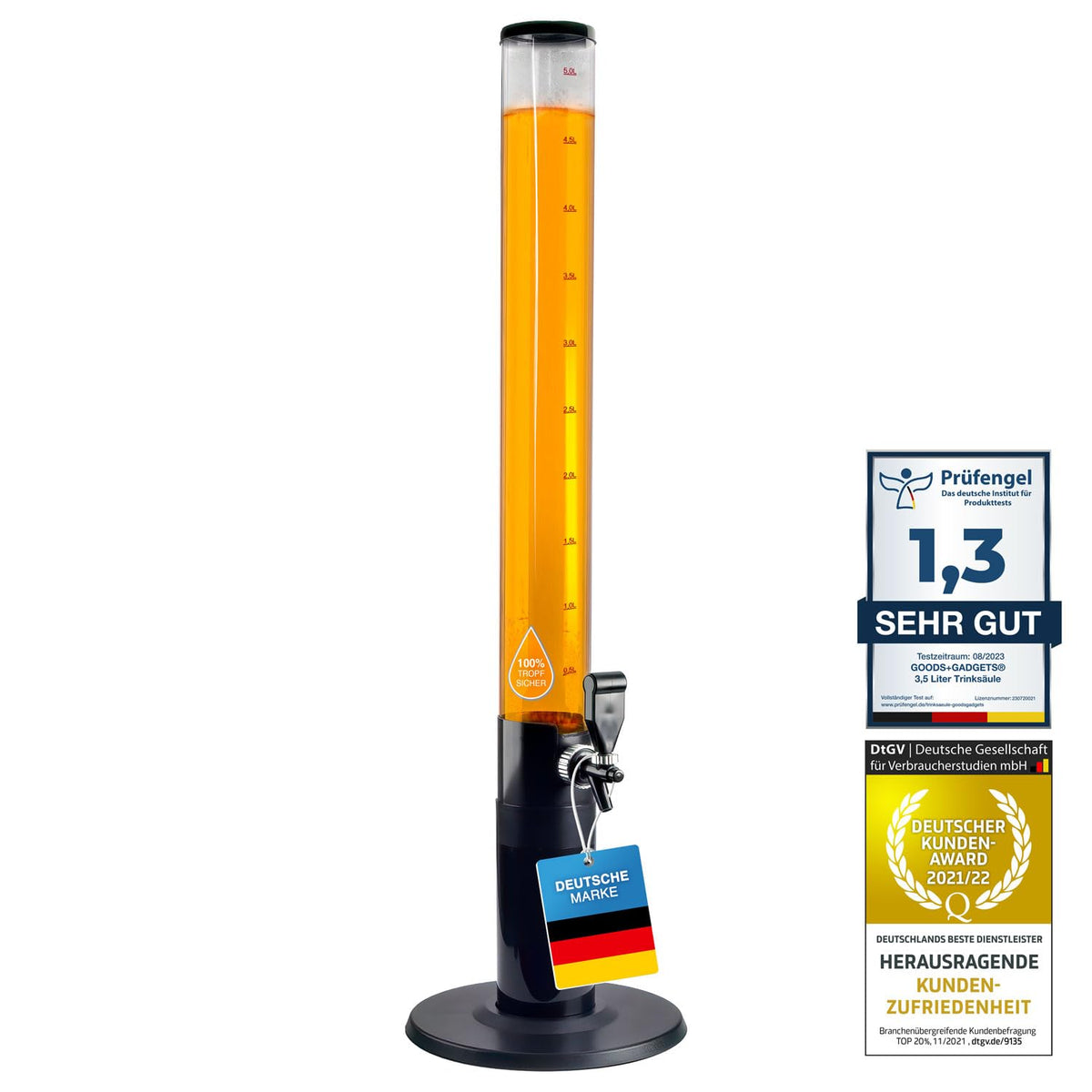 GOODS+GADGETS Trinksäule Biersäule mit Zapfhahn – XXL 5L. Transparente, zylindrische Säule auf silbernem Fuß zum Zapfen von 5L Bier.