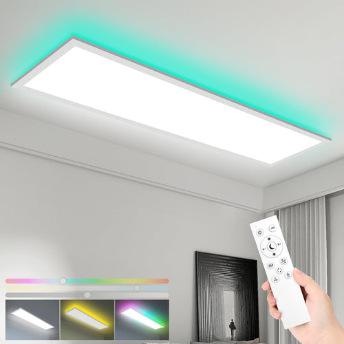 LEOEU LED Panel Deckenleuchte 120x30CM RGB Dimmbar 40W. Rechteckiges, weißes, flaches Panel für dimmbare RGB-Deckenbeleuchtung.