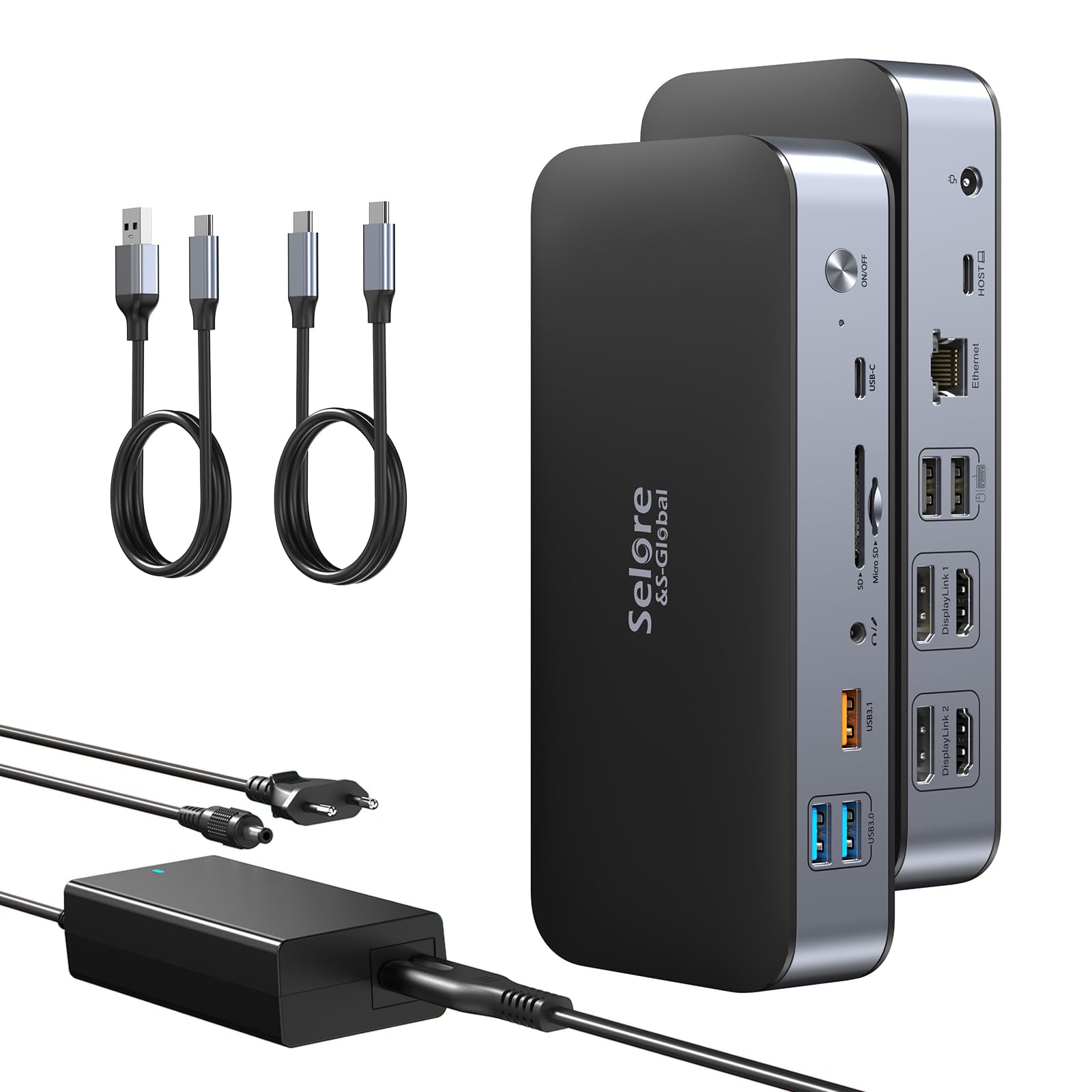 Universal DisplayLink USB C Dock – 15-in-1 Dual Monitor M1/M2: Schwarzes Rechteck. Ermöglicht Dual-Monitor-Setup über USB-C für M1/M2 Macs.