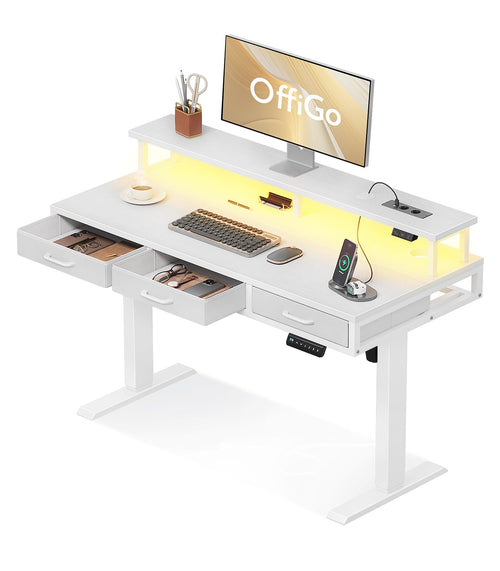 OffiGo Elektrischer Schreibtisch Höhenverstellbar 120cm Weiss m. Schubladen rechteckig. Für ergonomisches Sitz-Steh-Arbeiten.