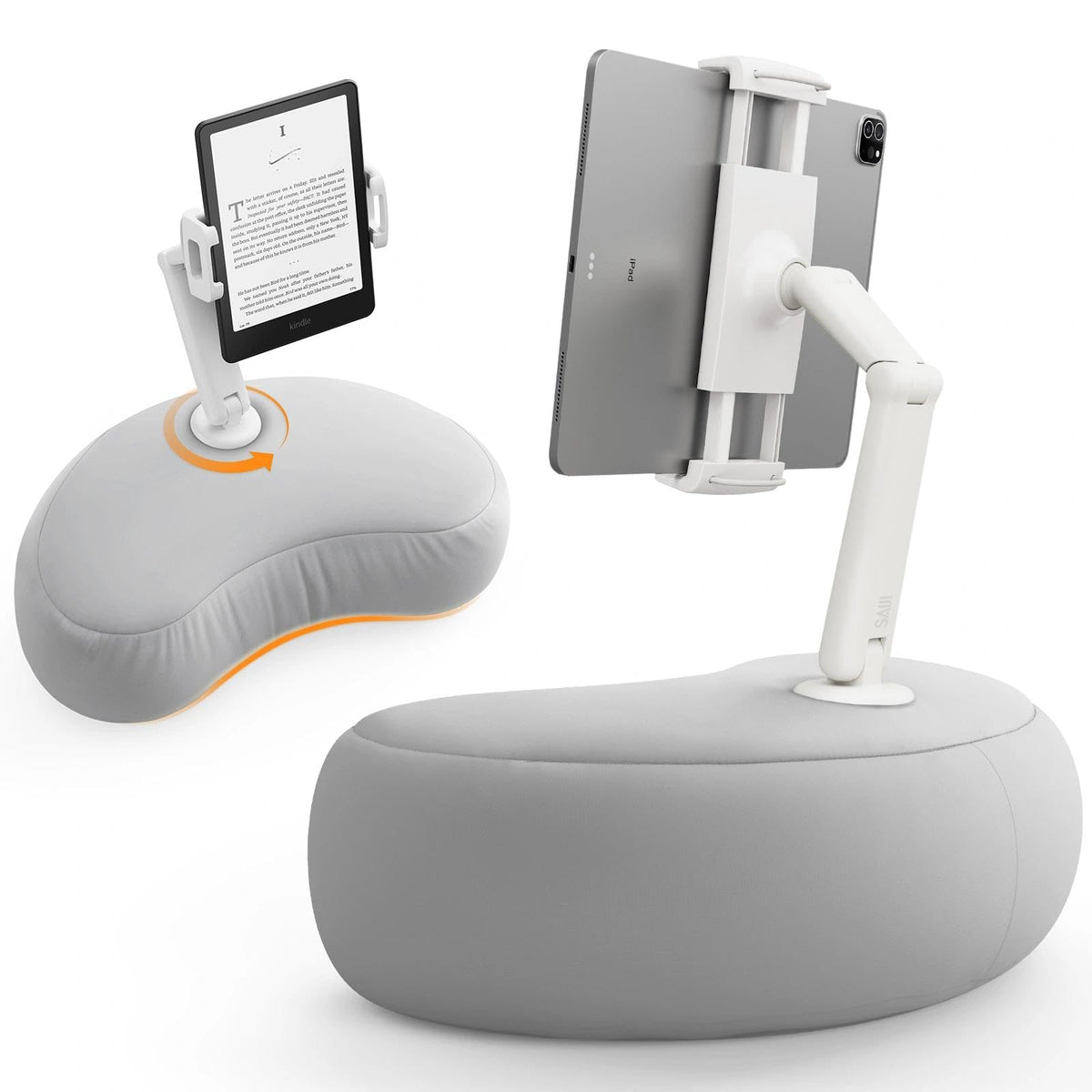SAIJI Tablet Kissenhalter U5T, 360° verstellbar, für iPad & Kindle in Grau mit flexiblem Doppelachsenarm