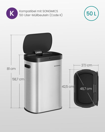 SONGMICS Sensor-Mülleimer, 50 L, Softclose, Stahl, silber-schwarz