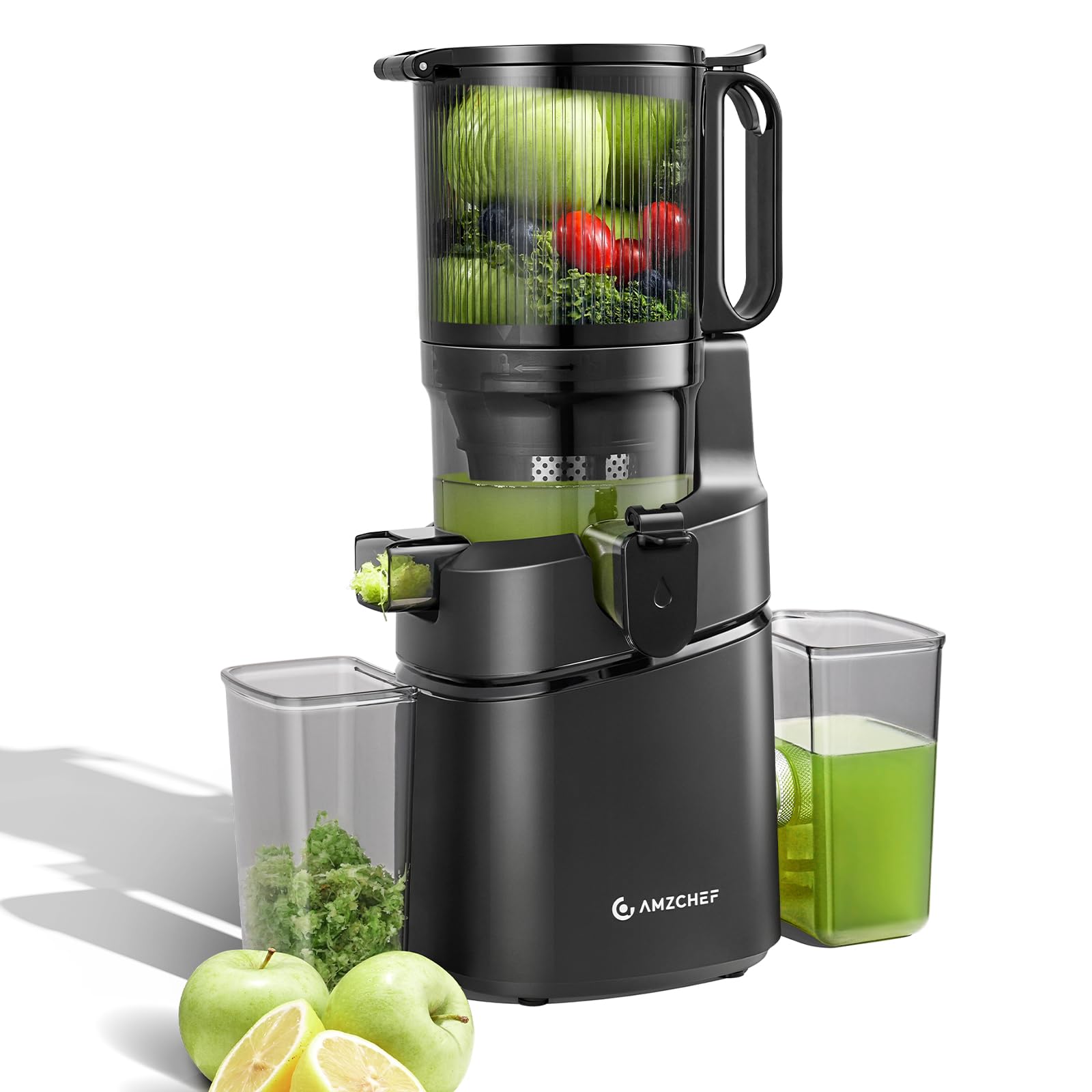 AMZCHEF Slow Juicer Entsafter, Obst & Gemüse – Schwarz. Vertikaler Aufbau. Entsaftet Obst & Gemüse kaltgepresst.