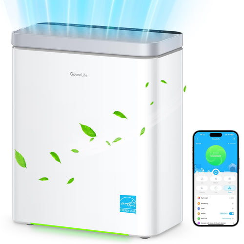 GoveeLife smarter HEPA Luftreiniger für grosse Räume 97m², weisser Turm. Filtert Allergene, Feinstaub für saubere Luft.