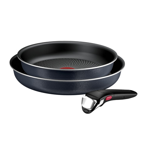 Tefal Ingenio Enjoy Pfannenset Induktion - 3-teilig 24/28 cm L72390: Drei runde, schwarze Antihaft-Pfannen mit abnehmbarem Griff zum Braten auf Induktionsherden.