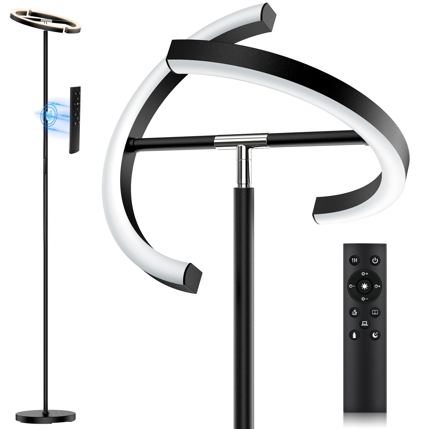 SIBRILLE LED Deckenfluter Dimmbar Schwarz – Leselampe m. Fernbedienung. Indirektes Raumlicht & direktes Leselicht.